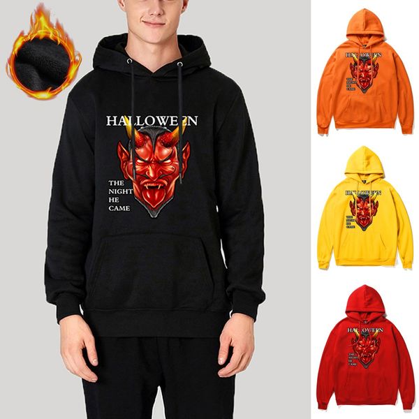 

men's winter solid halloween printed hip hop long-sleeved hooded sweatshirt slim hoodie priting sportswear tracksuit droshipping, Black