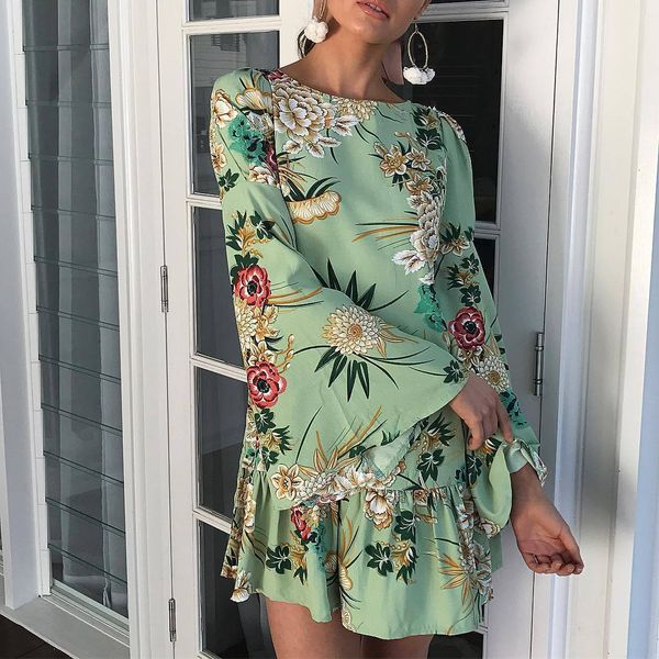 

new fashion, individual, leisure and fashion printed round-collar flared sleeve dress 0566, Black;gray