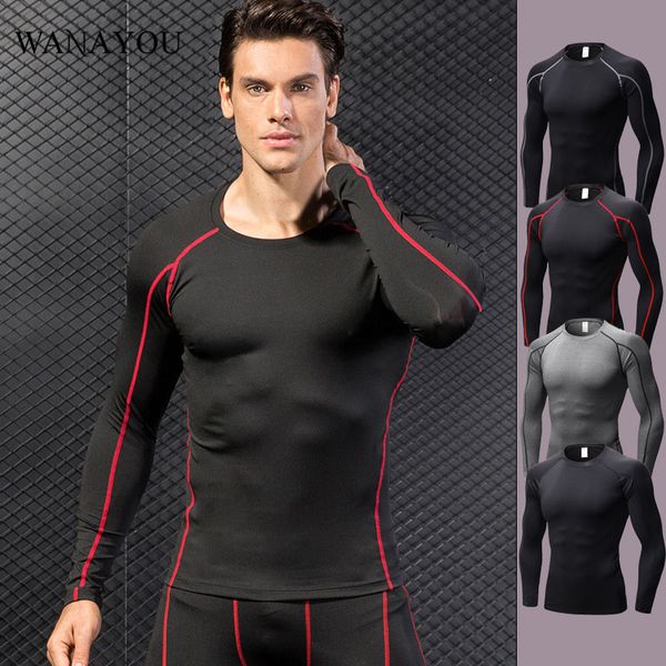 

running jerseys wanayou men long-sleeved pro fitnesss t-shirt,quick-drying tight sportswear training elastic sports gym tee shirt, Black;blue