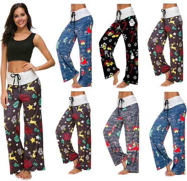 

women straight pants wide leg high waist patchwork drawstring christmas gift snow santa claus print casual america fashion ladies trousers, Black;white