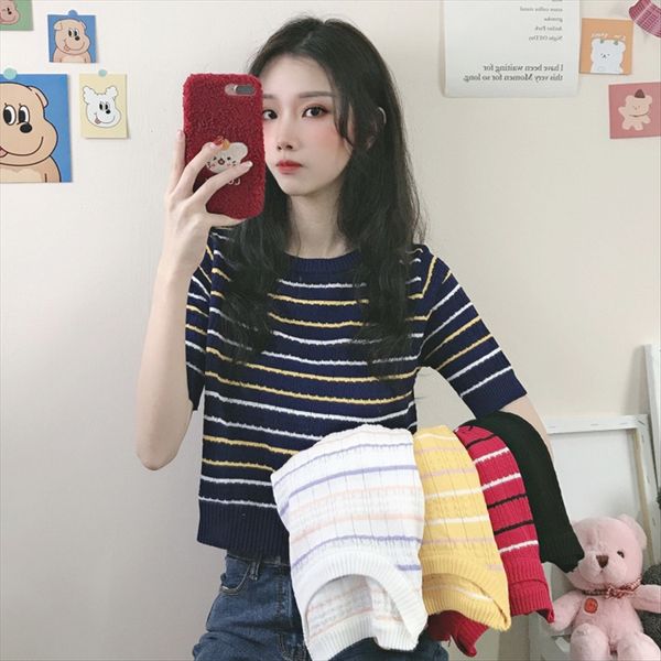 

slim striped t-shirt female student thin short-sleeved bottoming slim striped sweater t-shirt female student thin short-sleeved bottomin, White
