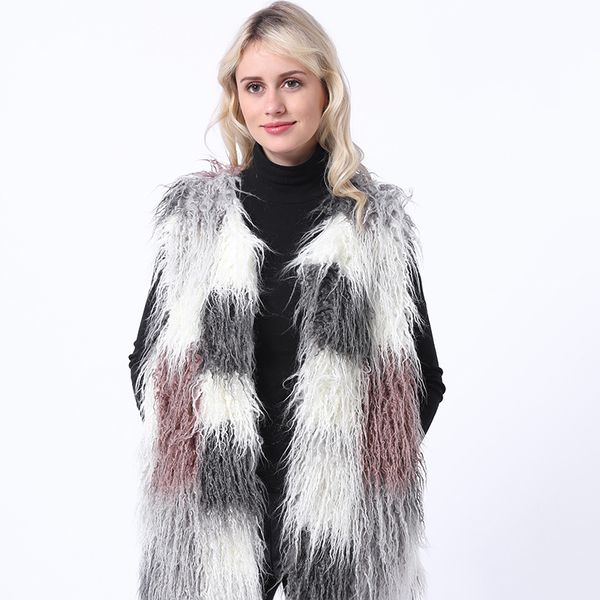 

2018 autumn/ winter new special offer fur faux fur vest women's jacket long section of artificial wool stitching vest nv068, Black