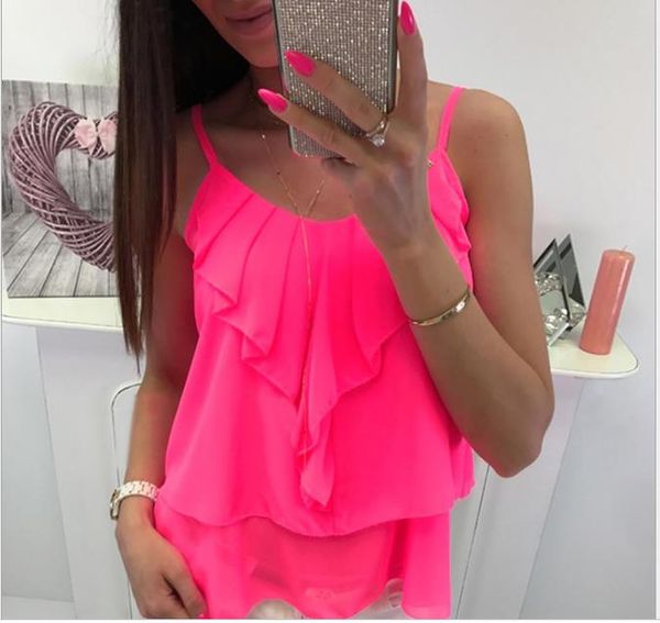 

Women Summer Sexy Chiffon Shirt Solid Color Tiered Lotus Leaf Fairy Female Clothing V neck Sleeveless Casual Apparel