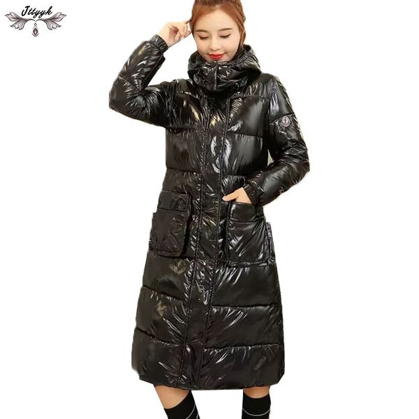 

2019 warm thicken winter coat women streetwear glossy down cotton padded outwear hooded coat winter jacket women long parka 156, Tan;black