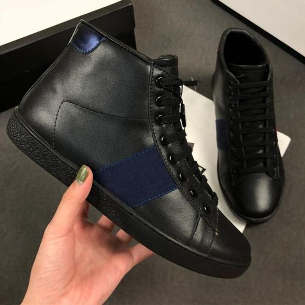 

new ace sneakers embroidered mens flats with red and green stripe women luxury designer shoes high leather shoe bee printing boots, Black