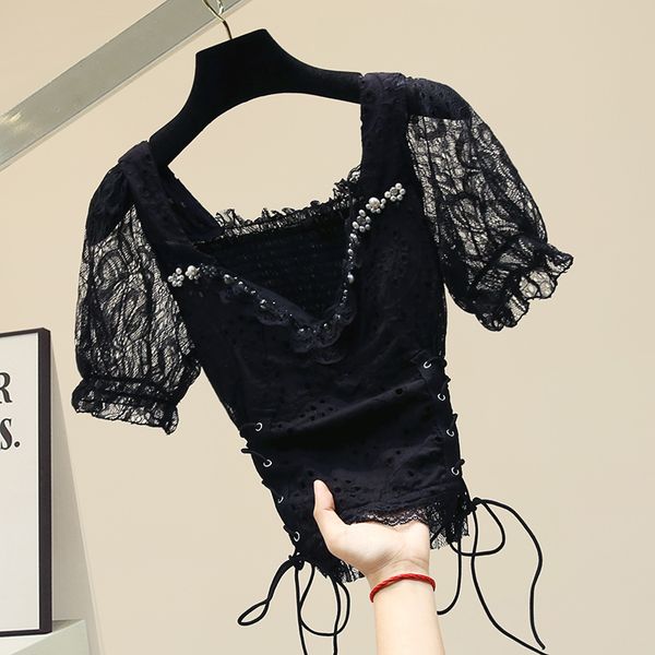 

v-neck drawstring slim-fit chiffon lace shirt female summer short sleeve ladies slim fit all-match lace blouse blusas, White