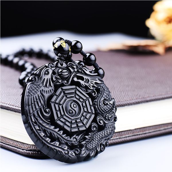 

jadery natural black obsidian carving дракон и феникс ожерелье мужчины женщины амулет бусы цепи длинное ожерелье ювелирных изделий, Silver