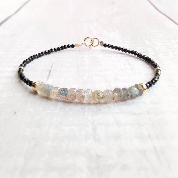 

lii ji labradorite black spinel bracelet natural gemstone 925 sterling silver gold plated sparkling delicate jewelry, Golden;silver