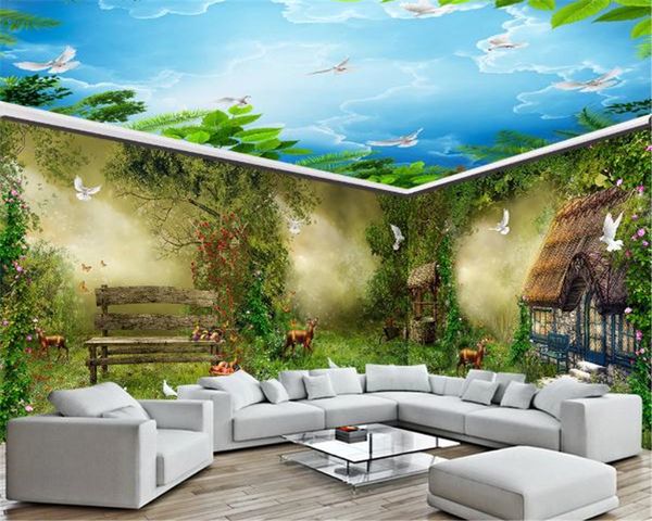 

пользовательские фото 3d обои аншлаг фона стена фантазия fairy forest hut цветы птицы mural wallcovering hd обои