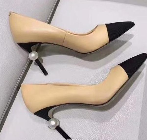 

Designer Women Goatskin Grosgrain Pumps Genuine Leather Pearl High Heels OL Dress Shoes Lady Beige White Black Single Shoes Original Box