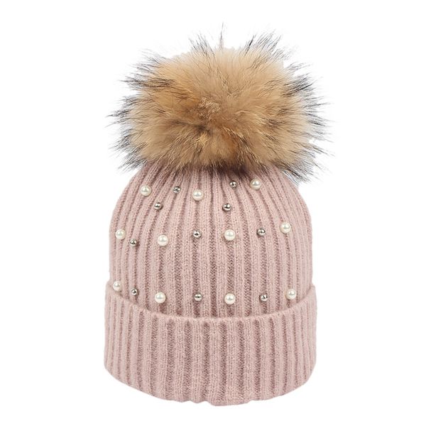 

2019 natural raccoon fur pompon hat winter for women cap beanie hats knitted cashmere wool caps female skullies beanies #l5, Blue;gray