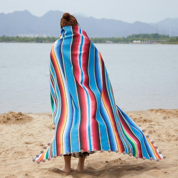 

mexican rainbow cotton blanket handmade striped blanket for home picnic beach carnival party with small fur ball