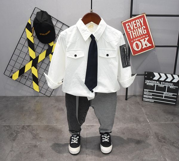 

baby white shirts + jeans 2pcs children's clothing set outfit toddler baby boys long sleeves set 2-6years for autumn