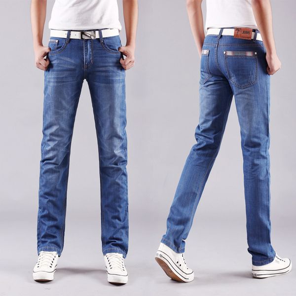 

four seasons style men casual jeans slim straight elasticity thin jeans new fashion loose waist long trousers big size, Blue