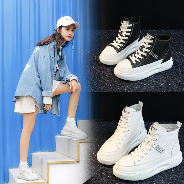 

leather leisure fashion womens round head leisure womens boots front lace martin boots waterproof medium heel highshoes, Black