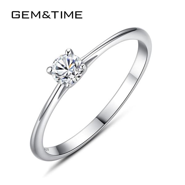

gem&time elegant 4mm 1 zircon finger ring sterling 925 silver stackable cz bridal wedding band ring anillos jewelry sr0007, Golden;silver