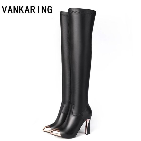 

fashion metal pointed toe winter shoes women black white leather over the knee high boots woman high heels booties mujer