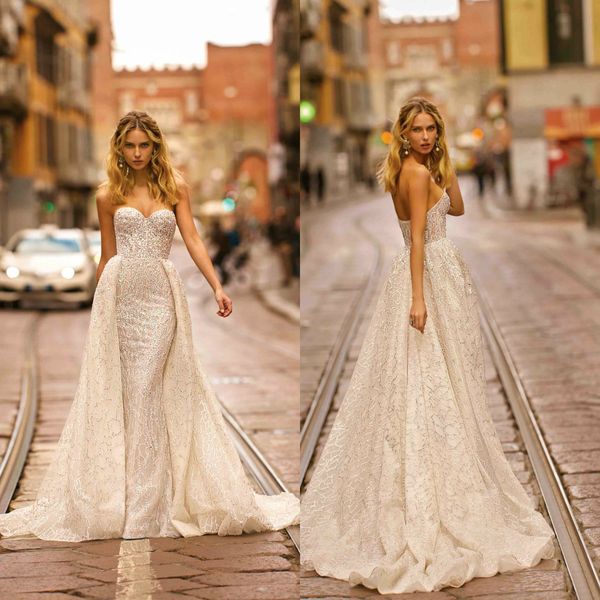 Abiti da sposa Berta Treno staccabile Sweetheart Pizzo Paillettes Abiti da sposa a sirena 2020 Abito da sposa spiaggia senza schienale Robe De Mariee