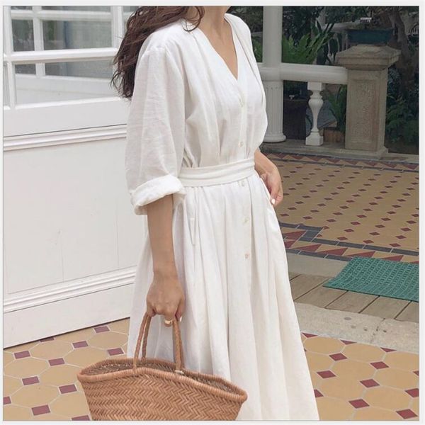 

new 2019 women dresses spring summer cotton linen ladies pleated long white dresses v neck lace up bow vestidos de verano r135, Black;gray