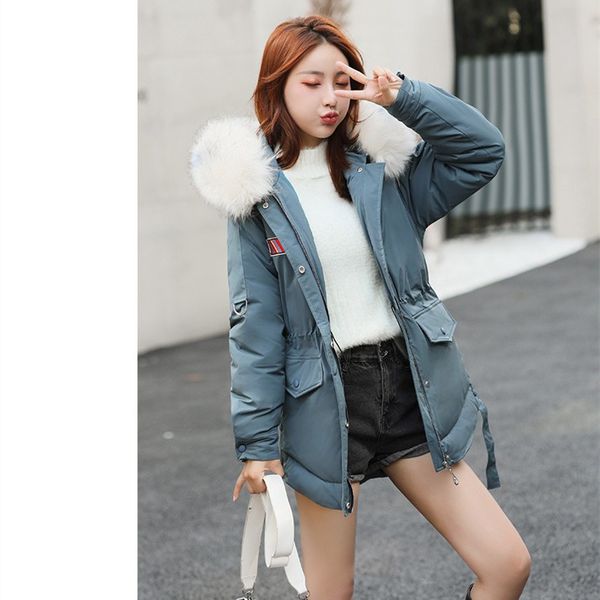 

women big fur collar cotton parkas irregular coat 2019 winter thicker waist parka long outwear solid loose jacket, Black
