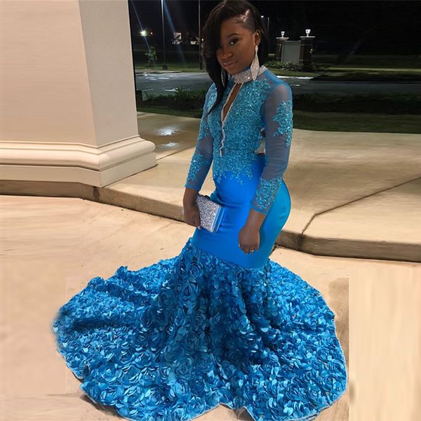 

гламурные цветы ручной работы платья выпускного вечера 2019 года модные черные девушки большой размер русалка с длинным рукавом с кружевными, Black