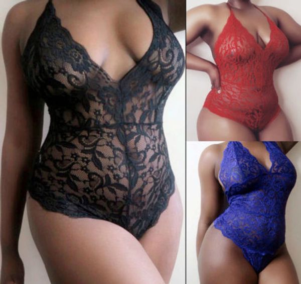 

womens full lace lingerie bodysuit strappy plunge v neck bodycon leotard lace sling sleepwear bodysuit plus size -2xl, Red;black