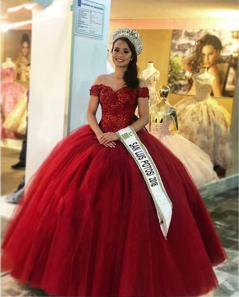 

red lace tulle 2020 quinceanera dresses off the shoulder short sleeves applique beaded crystal ball gown tulle girls pageant graduation gown, Blue;red