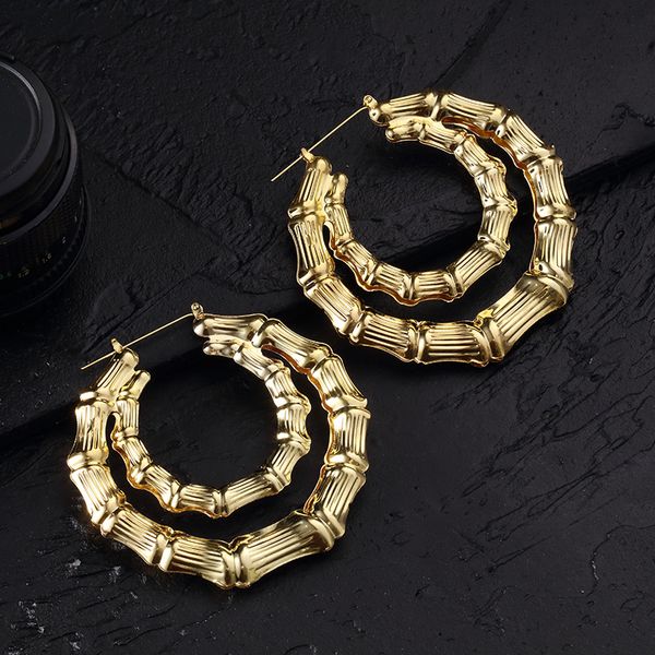 

fashion ethnic style geometric hoop earrings for women gold silver color alloy tone bamboo punk women big hollow creole bijoux, Golden;silver