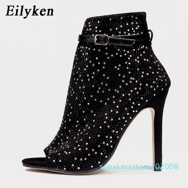 

eilyken 2020 new women crystal sandals ankle straps buckle transparent cover heel pumps ladies sandals party shoes size 35-43 s08, Black