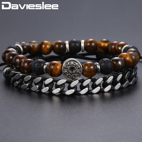 

bracelet for men tiger eye stone man-made leather stainless steel curb chains adjustable lave beaded mens bracelets gift dlb68, Black