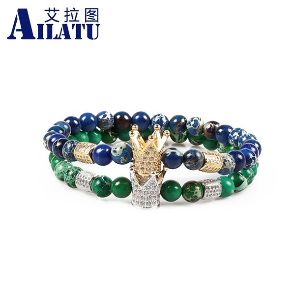 

ailatu new arrival micro paved cubic zirconia crown charm with 6mm succor creek stone beads men' energy bracelets, Golden;silver