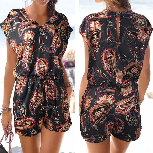

jaycosin jumpsuit fashion ladies bohemian print short-sleeved jumpsuit wild female casual bag strapless, Black;white