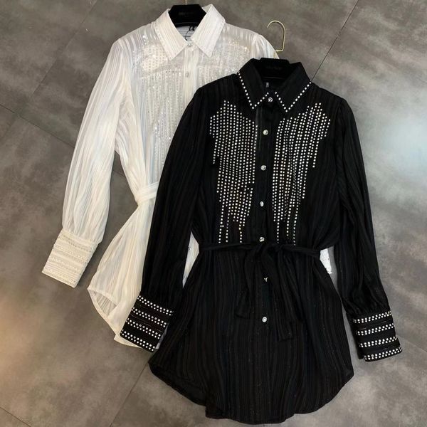 

2019 autumn new lapel long sleeve drilling bright silk belt shirt, White
