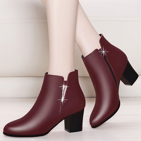 

real sheepskin leather boots high heel ankle boots for women genuine leather round toe black red shoes zipper yg-b0026