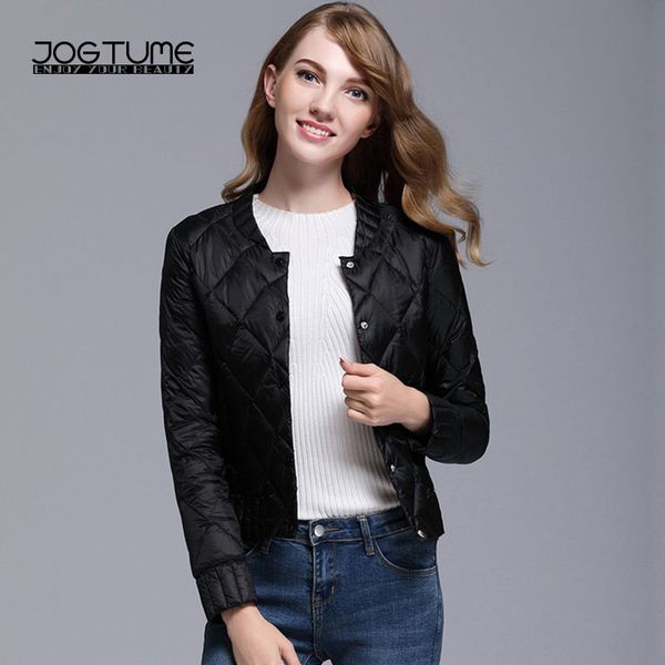 

2019 new style women bomber jackets fashion solid plaid female slim short cropped coats duck down filler v-neck light thin, Black;brown