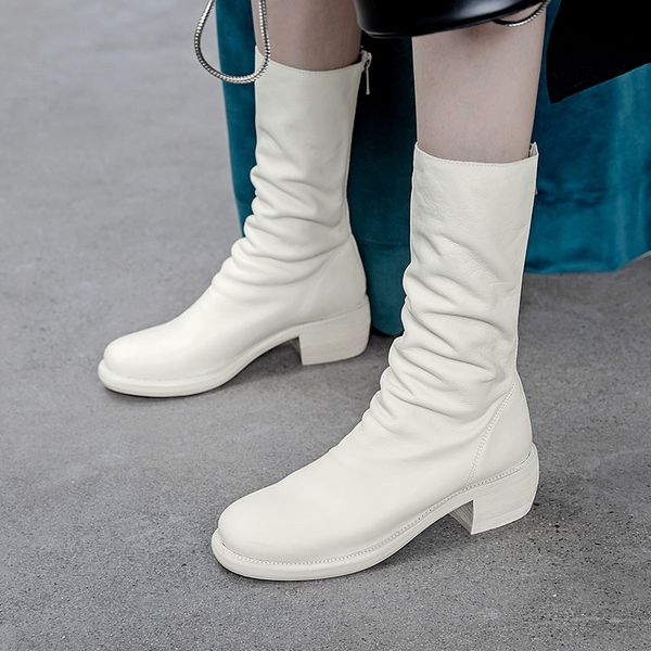 

back zipper women autumn winter warm mid-calf boots 2020 new high western boots genuine leather fashion prom shoes woman, Black