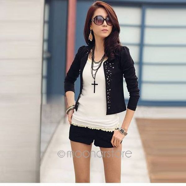 

autumn women blazer female rivet jacket lady short coat outwear suit long sleeve jacket ladies fashion solid coat, White;black