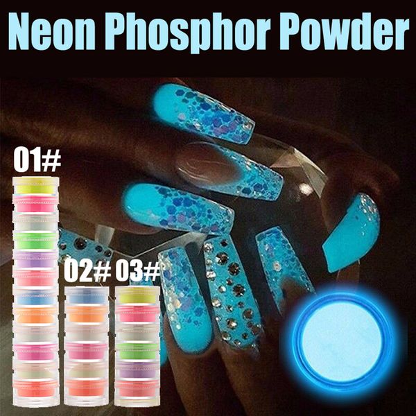 

12pcs ultrafine fluorescent nail powder neon phosphor colorful nail art glitter pigment 3d glow luminous dust decorations, Silver;gold