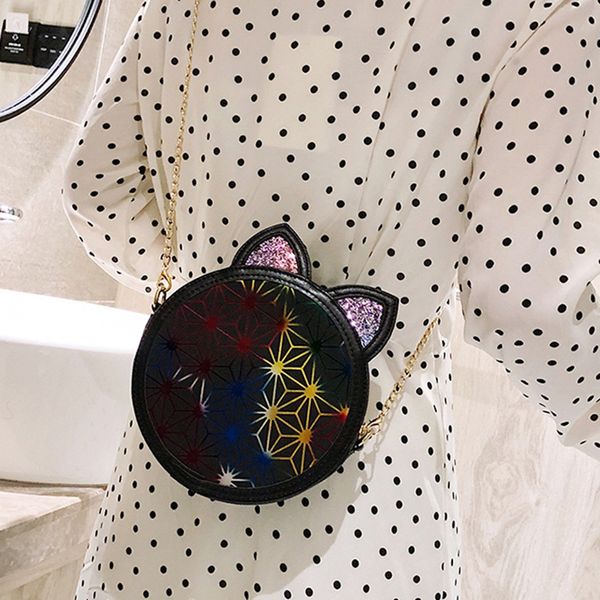 

fashion round shape handbag cute cat ears women bags pu leather sequin bling glitter shoulder beach pack crossbody handbag