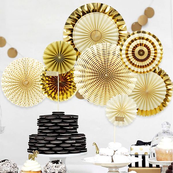 

eco-friendly 8pcs /set gold party decorative creative paper flower fan handmade striped folding fan party supplie wholesale