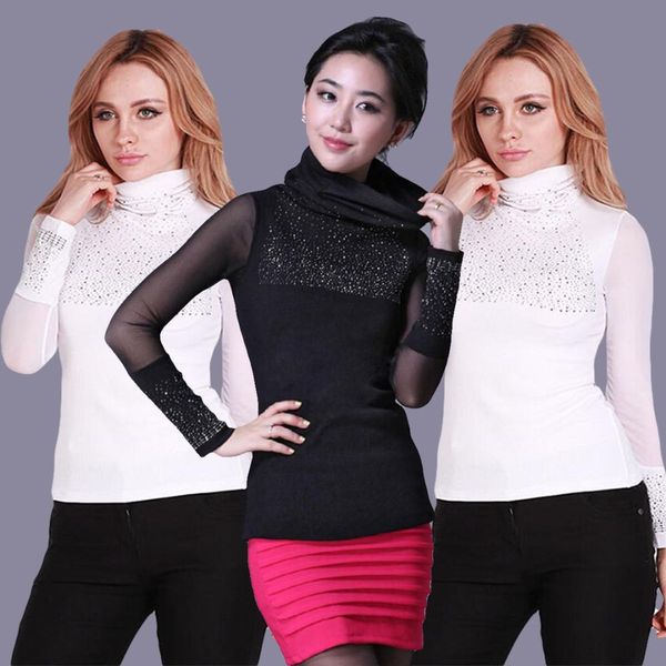 

2019 new style fashion women floral lace print turtle neck blouse sequined autumn long sleeve party blouse top, White