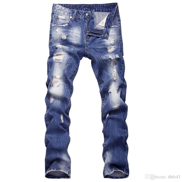 

wholesale-2016 new style hole patch beggars slim men jeans pants men's denim straight trousers 29-40 ayg26, Blue