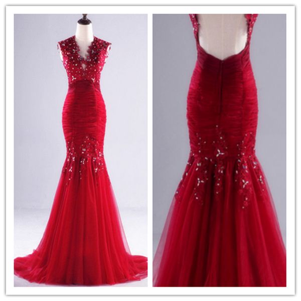 

мода красный v-образным вырезом русалка свадебное платье с бисером sparkly кристалл кружева аппликация рукавов свадебные платья, White