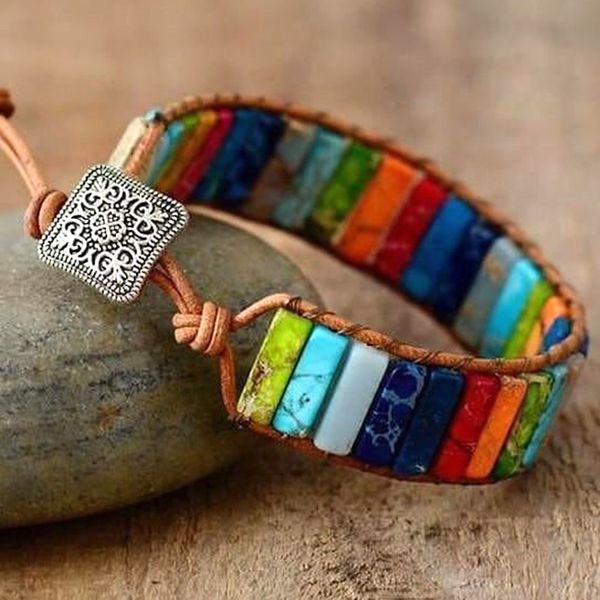 

dvacaman chakra bracelet jewelry handmade multi color natural stone tube beads leather wrap bracelet couple bracelets dropship, Black