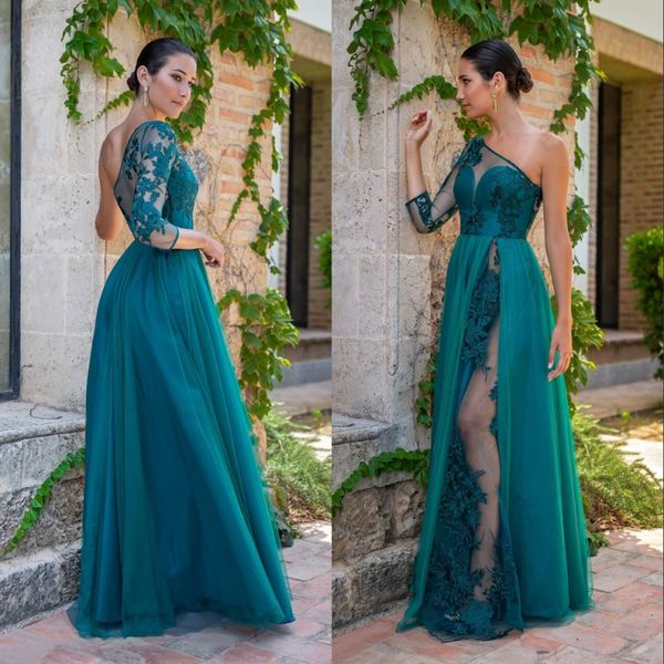 

arabic one shoulder long sleeves evening gowns 2020 dark green lace applique ruched sweep train formal party prom wear dress, Black;red