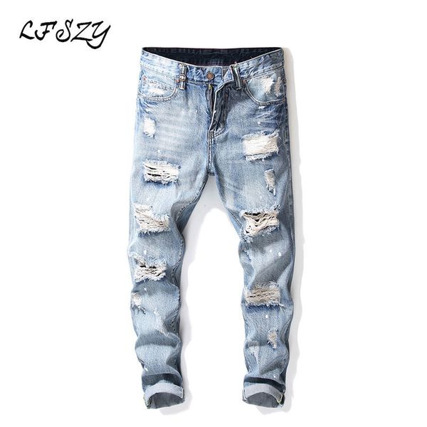 

2019 new modis hole jeans knee hole slim fit jeans men's blue straight leg pants ripped for men more size 28-38 40