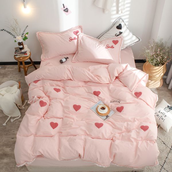 

embroidery white pink  king size bedding set 100%cotton rubber fitted sheet duvet cover bedlinen bed sheet set ropa de cama