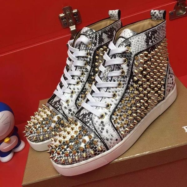 

2019 new luxury gold spikes red bottom sneakers shoes casual walking famous python leather leisure flats with box l05, Black