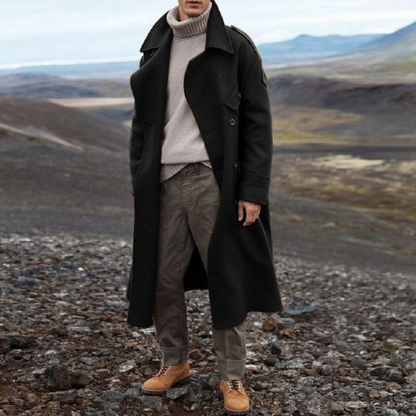 

overcoat trench 2020 mens wild standing collar single-breasted men coat jacket solid color long trench jacket casual windbreaker, Tan;black