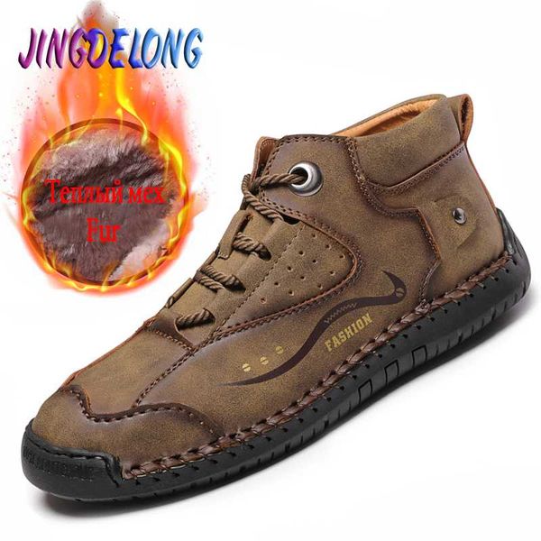 

2020 new men winter boots plush warm snow boots men fashion lace-up male ankle handmade quality leather men's casual shoes, Black